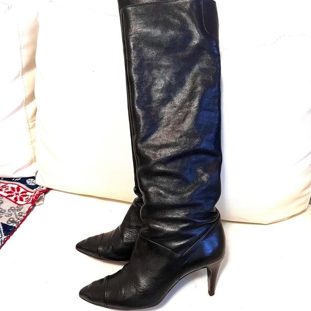 Chanel black grain leather boots knee length